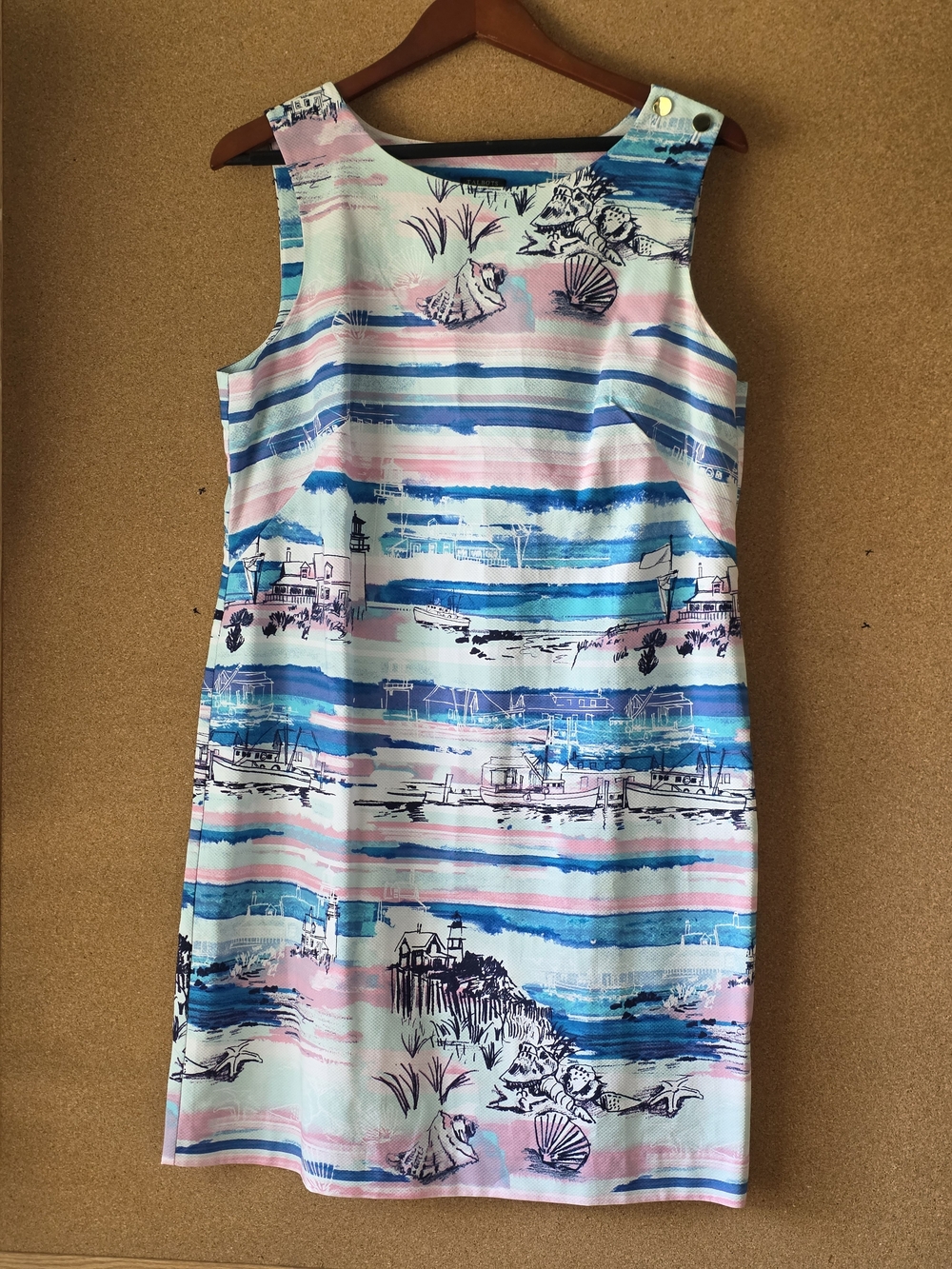 Talbots Petites 14P Coastal Scenic Print 100% Cotton Sleeveless Dress